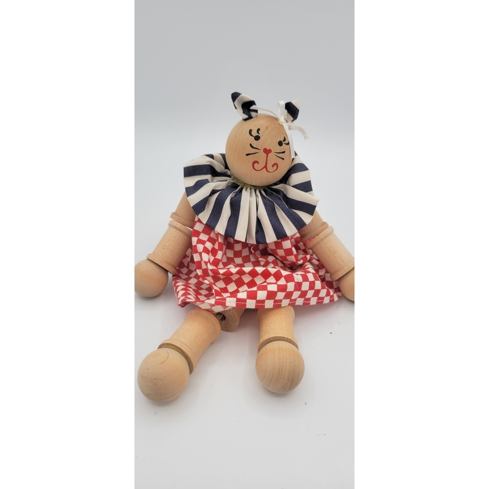 Vintage Spoolie Kitty Doll Handmade American Folk Art Wooden Toy Hand Painted
